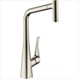 Hansgrohe Talis Select M51 Смеситель для кухни, на 1 отв, поворотный излив 208мм с вытяжным душем, 1jet, h223мм, sBox, кнопка вкл/выкл, цвет: под сталь (73852800)