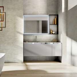 OASIS EDEN Шкафчик с открытыми полками 350х150х800 мм, подвесной, стекло дымчатое, задняя стенка Cemento глянцевый (0EDTE8500352 G204)