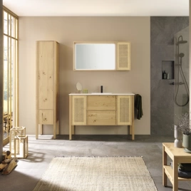 BURGBAD MAX Комплект мебели 1300х490х912мм, напольный, раков белая, 2 ящика, 2 двери Woven cane mesh, с 1 отв для смес, сифон, цвет Natural knotty oak (SGJV130 C0001 F5349 G01 G0236)