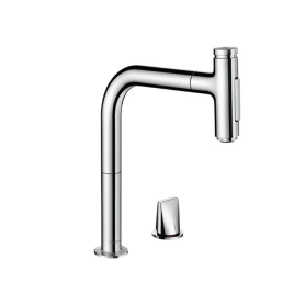 Hansgrohe Metris M71 Смеситель для кухни, на 2 отв, поворотный излив 221мм с вытяжным душем, 2jet, h208мм, sBox, цвет: хром (73818000)