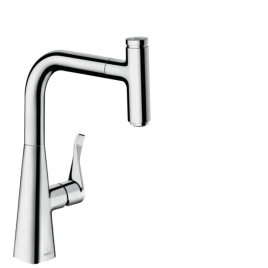 Hansgrohe Metris Select M71 Смеситель для кухни, на 1 отв, поворотный излив 222мм с вытяжным душем, 1jet, h238мм, sBox, кнопка вкл/выкл, цвет: хром (73802000)
