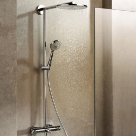 HG Raindance S Душевая система Showerpipe: верх.душ 240 1jet, ручн.душ, шланг, термостат для ванны с полочкой, излив 186мм, цвет: хром (27117000)