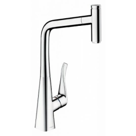 Hansgrohe Metris Select M71 Смеситель для кухни на 1 отв, поворотный и выдвижной излив 1jet, кнопка вкл/выкл воды, цвет хром (14884000)