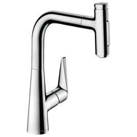 Hansgrohe Talis Select M51 Смеситель для кухни, на 1 отв, поворотный излив 208мм с вытяжным душем, 2jet, h223мм, sBox, кнопка вкл/выкл, цвет: хром (73868000)