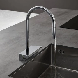 Hansgrohe Aquno Select M81 Смеситель кухонный, на 1 отв, поворотный излив 220мм с вытяжным душем, 3jet, h164мм,+каскад, sBox, цвет: сталь (73831800)