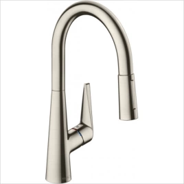 Hansgrohe Metris Select M71 Смеситель для кухни, на 1 отв, поворотный излив 222мм с вытяжным душем, 1jet, h238мм, sBox, кнопка вкл/выкл, цвет: под сталь (73802800)