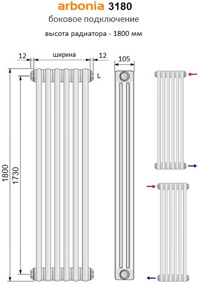 Радиатор Арбония 3180 с боковым подключением. Высота - 1800 мм, глубина - 105 мм. 