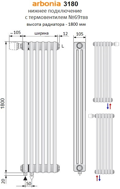 Радиаторы арбония с нижним подключением таблица мощности